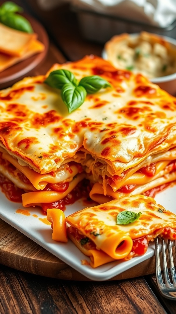 A serving of lasagna with layers of cheese, pasta, and sauce, garnished with basil, alongside garlic bread on a wooden table.